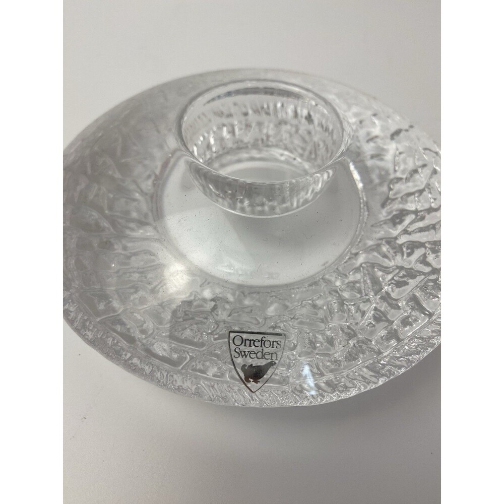 Orrefors Sweden Candle Holder Crystal Textured Ice Tealight Votive Signed